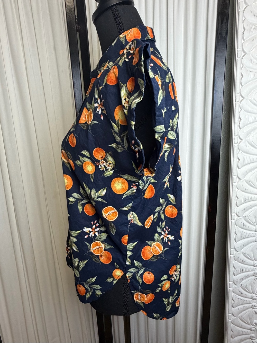 LOFT Navy Floral Print Petite Top with Orange Accent - Picture 5 of 7
